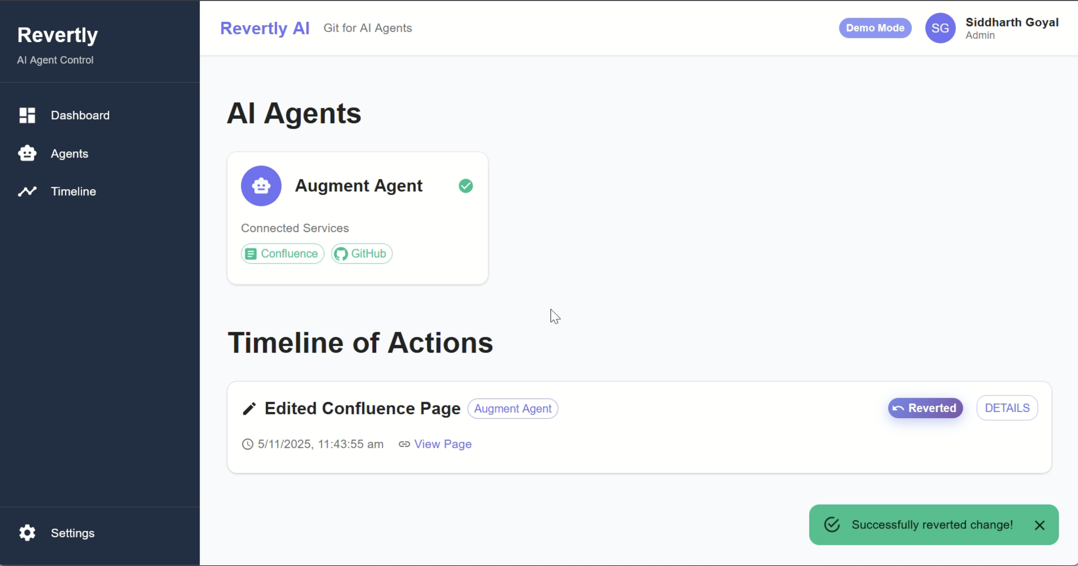 Revertly dashboard showing agent timeline and successful rollback
